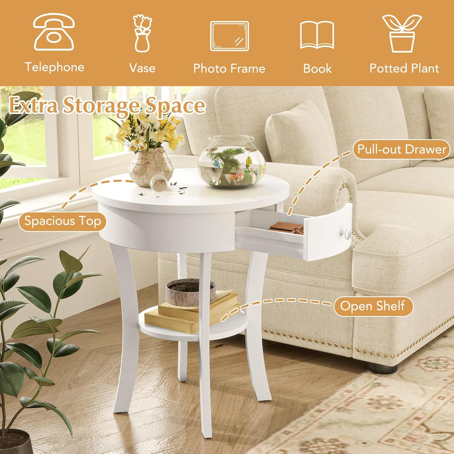 GOFLAME Round End Table with Drawer Set of 2, Sofa Side Table with Solid Wood Legs, Open Storage Shelf, Vintage Accent Table, Display Table, 2-Tier Compact Nightstand for Living Room, White