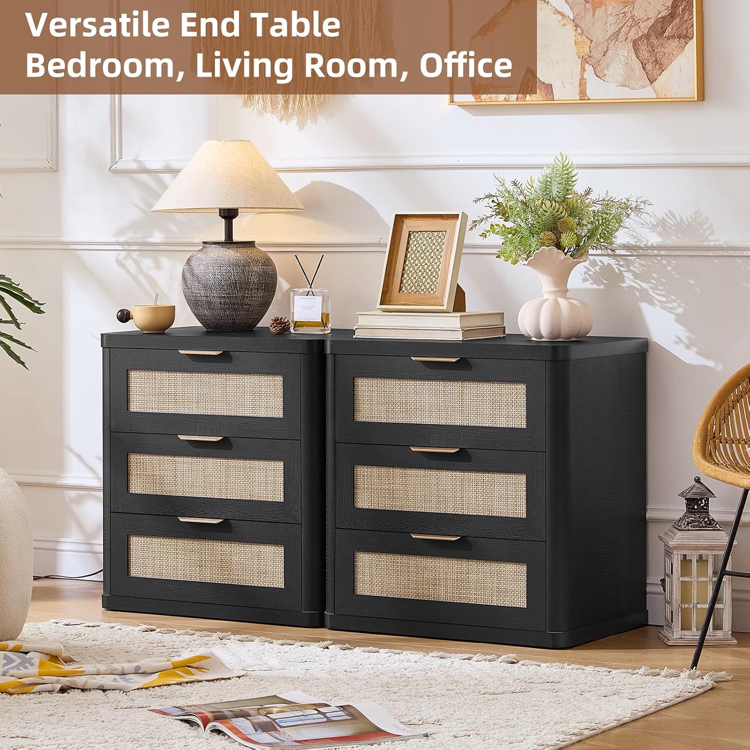 LEYAOYAO Rattan Night Stand Set of 2 with Drawers, 23' Large 3 Drawer Boho Nightstand, Natural Wood Bedside Table Storage Cabinet, Bed Side End Tables Dresser for Bedroom, Living Room, Hallway, Closet
