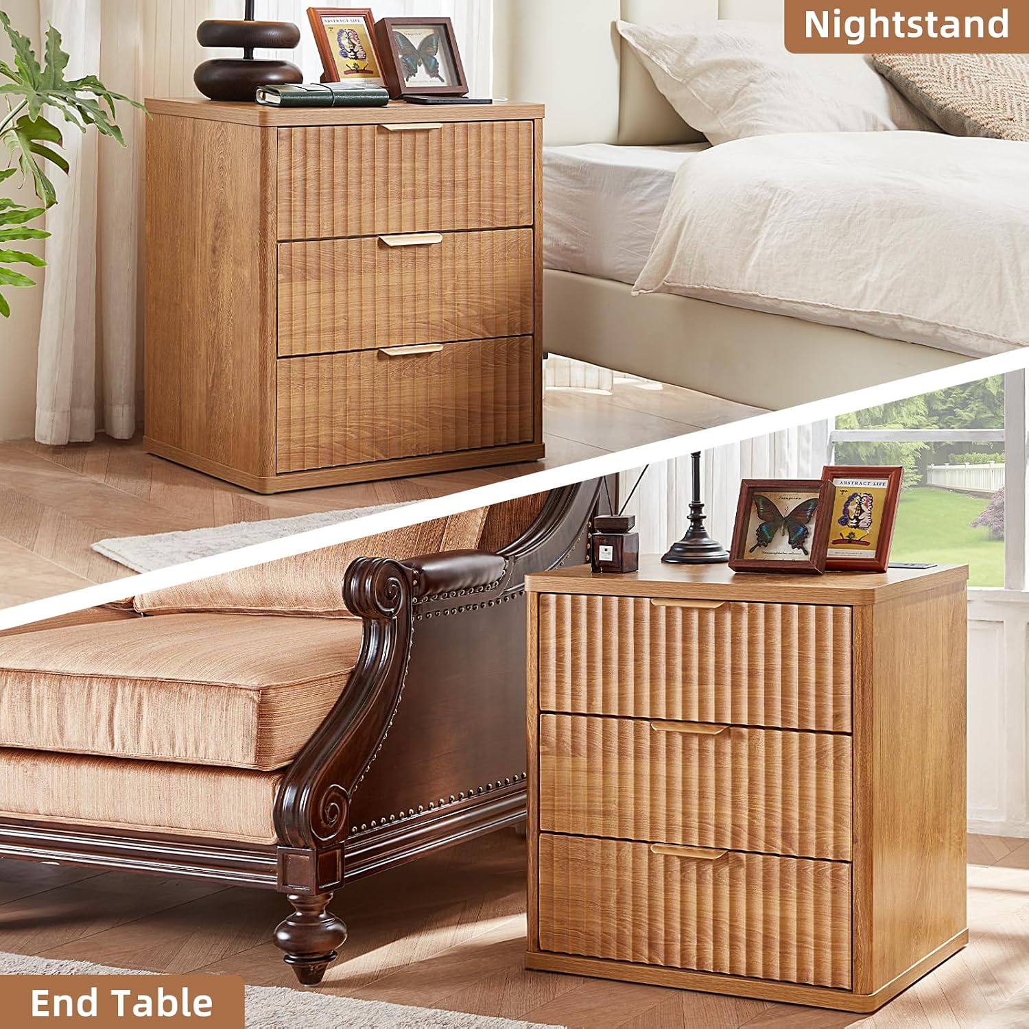 LEYAOYAO 23' Wide Fluted Farmhouse Night Stand Set of 2 with Charging Station, 3 Drawers Large End Table w/Metal Handle, Brown Nightstand Bedside Table,Wood Dresser for Bedroom, Closet