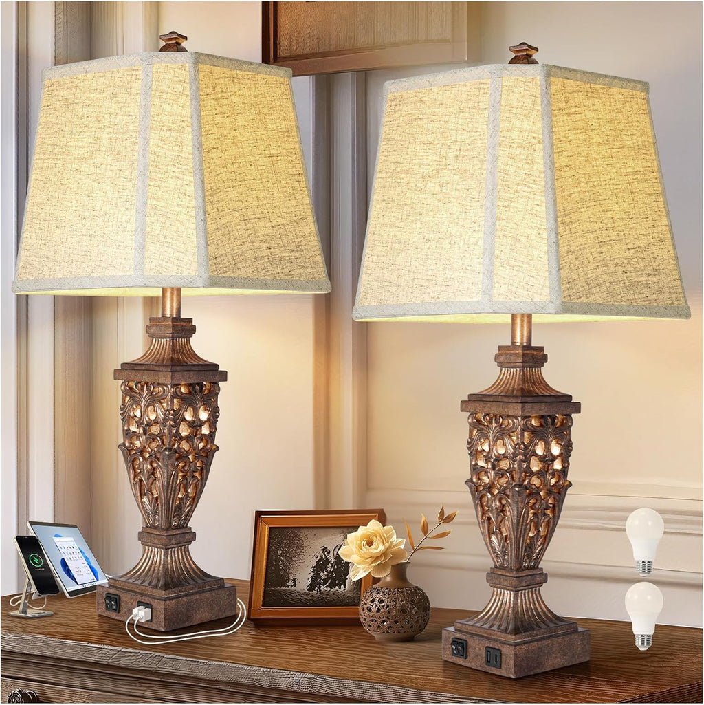 28.5' Vintage Bronze Table Lamps Set Of 2 with Night Light,Lamps for Nightstand with Beige Linen Cut Corner Shade,Bedside Lamp with USB A+C Ports for Bedrooms,Living Room,Office,Hotel(Bulb Included)
