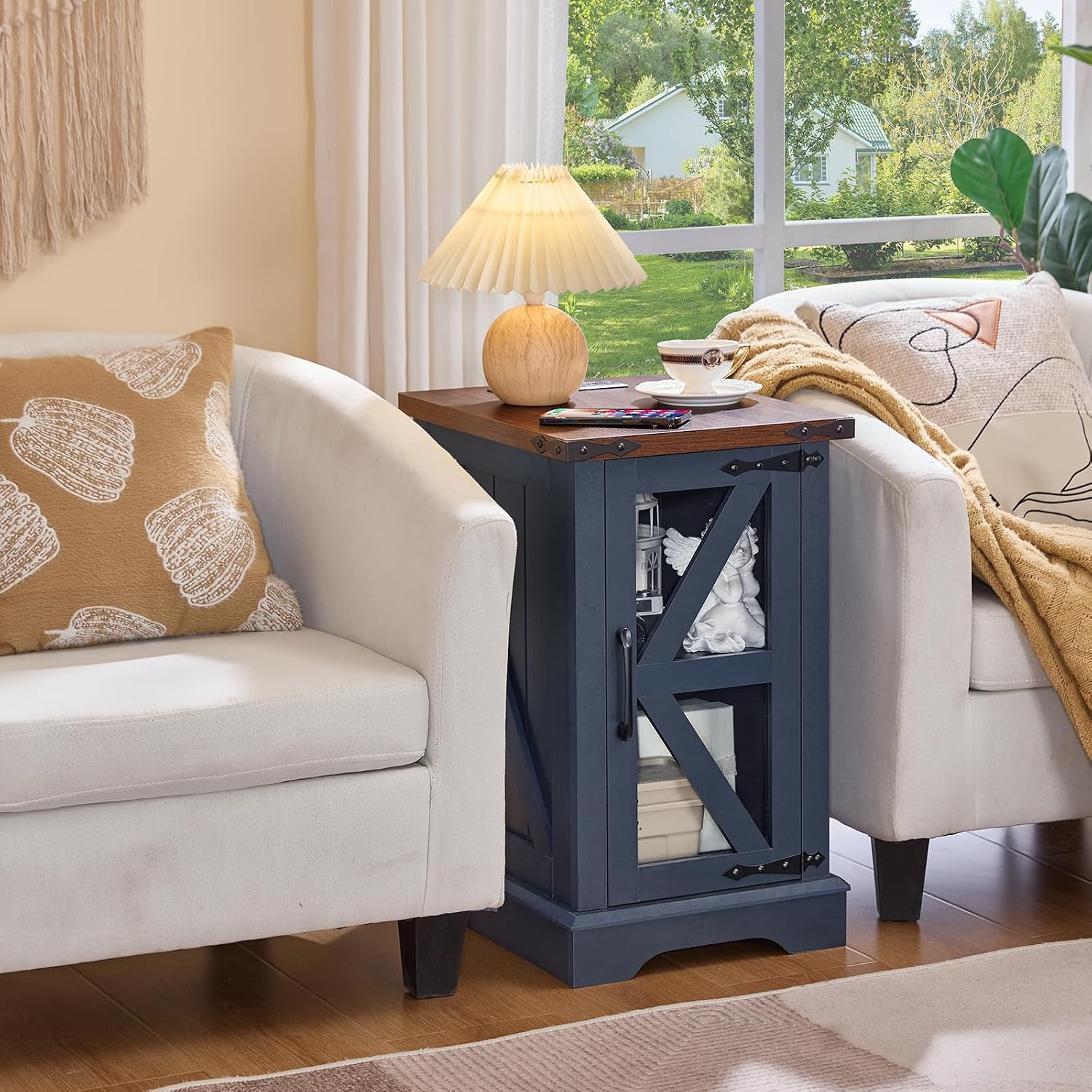Joaxswe Narrow Night Stand Set 2 with Charger Station, Farmhouse Side End Table with Glass Barn Door Storage, Bedside Tables,Navy Blue Nightstand Cabinet Organizer for Small Spaces Living Room Bedroom