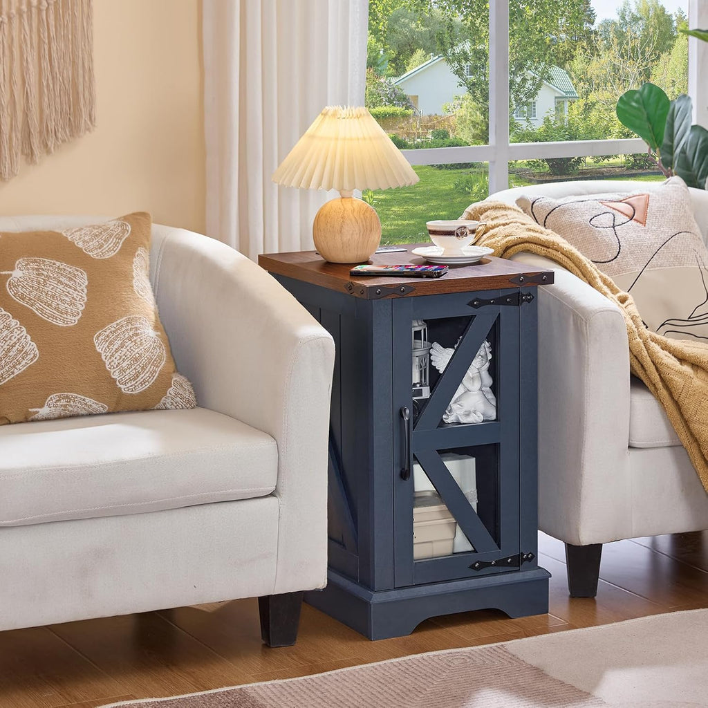 Joaxswe End Table Set 3 with Charger Station, Farmhouse 18'' Narrow Night Stand and 24' Square Side Table with Glass Barn Door Storage, Wood Nightstand Bedside Tables for Living Room Bedroom