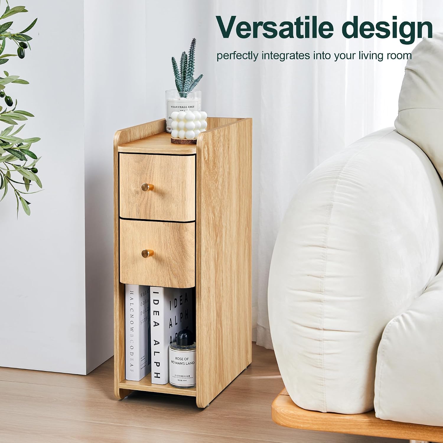 Small Nightstand Set of 2, Wood 2 Drawer Narrow Nightstand, Slim Side Table, Modern Skinny End Bedside Table, Natural Wood Night Stand with Drawers for Bedroom (Natural-2 pcs)