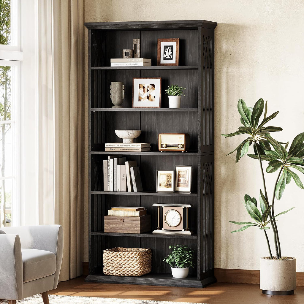 LITTLE TREE 6-Tier Bookcase, Set of 2 Farmhouse Bookshelves and Bookcases, 75-Inch Floor Standing 6 Shelf Wooden Display Storage Shelves Tall Bookcase for Home Office, Living Room, Bed Room, Black