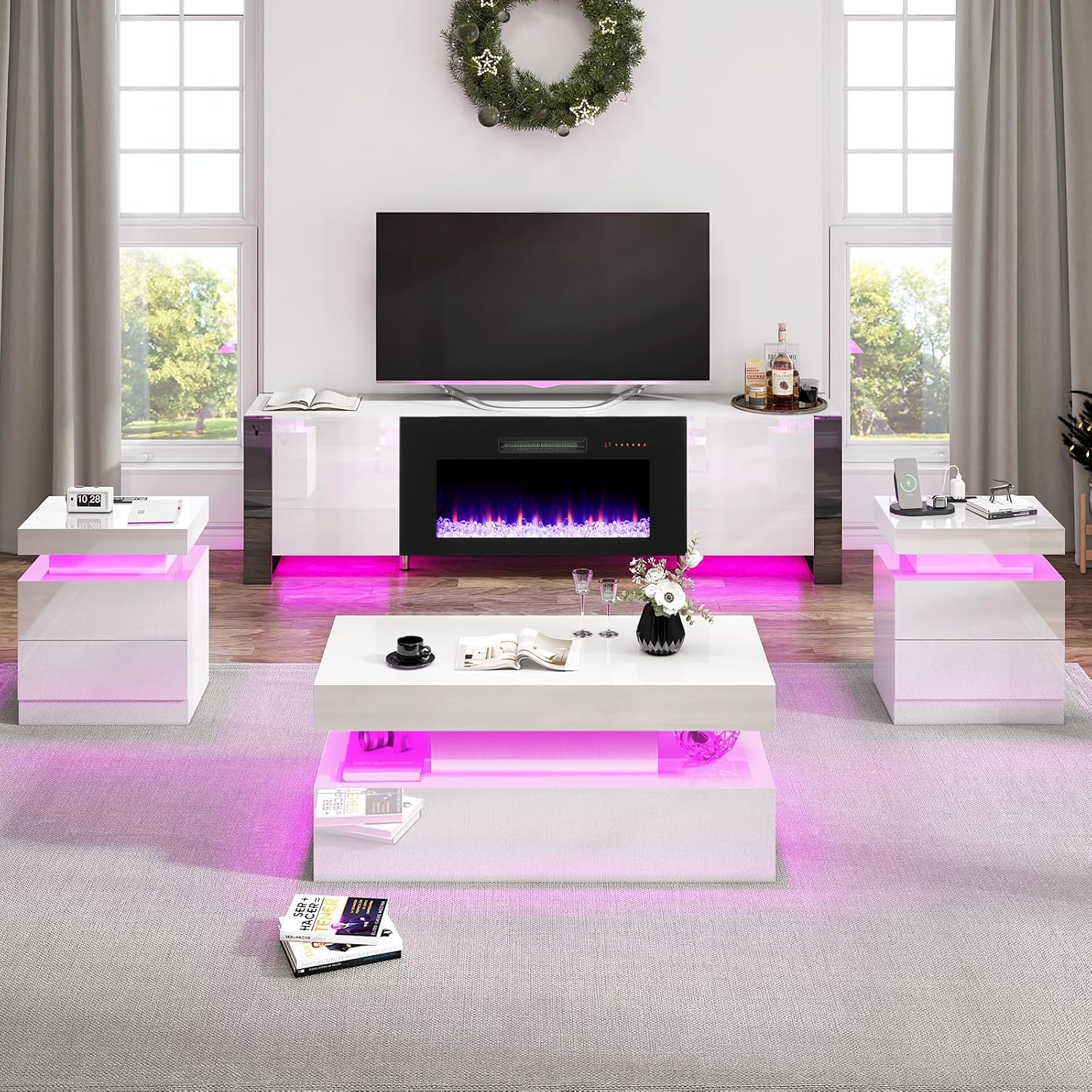 VanAcc 4-Piece Living Room Table Set, 70' Fireplace TV Stand with High Gloss Doors, Modern Coffee Table, LED Light End Table,High Glossy Table Sets for Living Room, White & Black