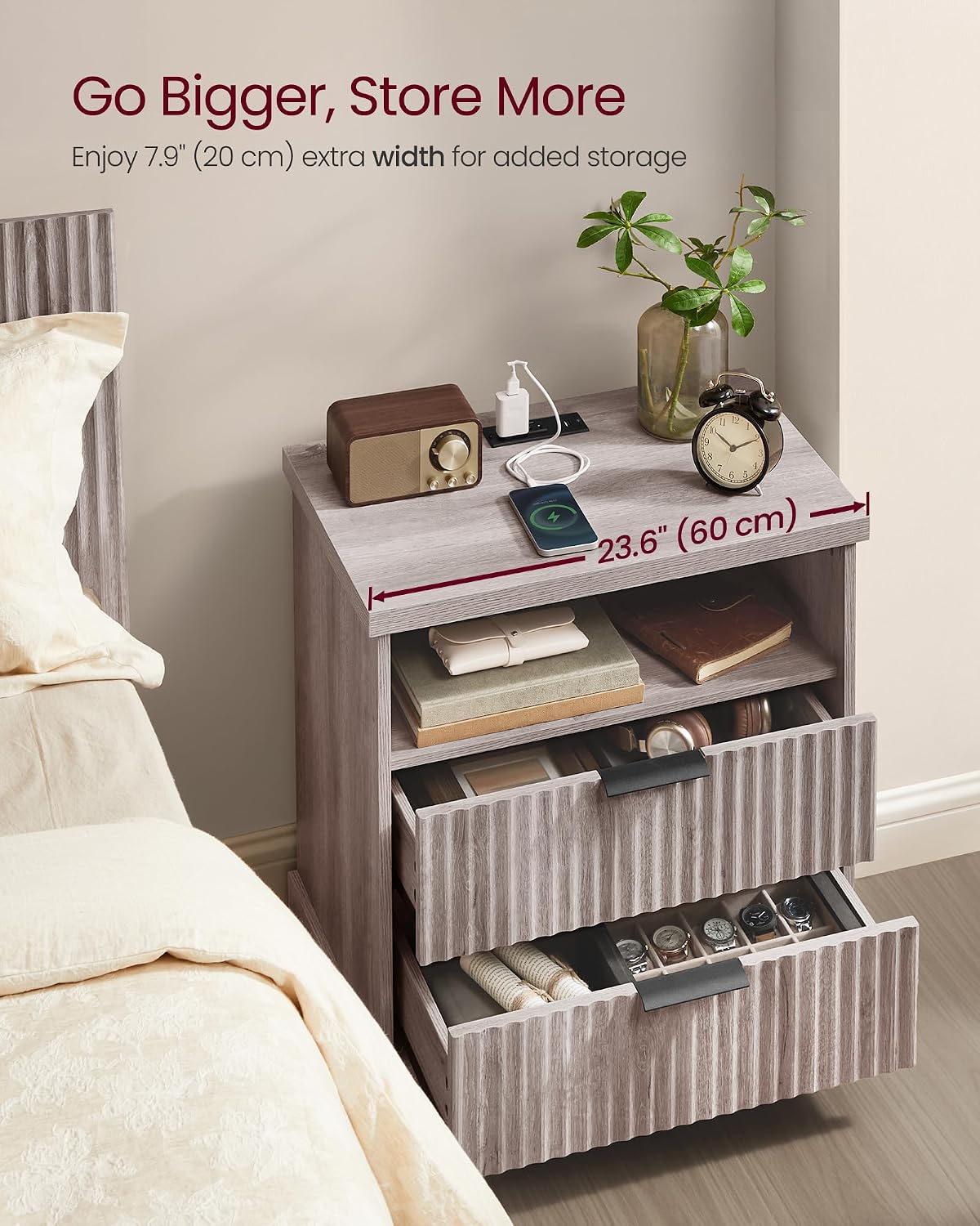 VASAGLE MAXE Collection - Set of 2 Nightstands with Charging Station, Fluted Night Stand, Bedside Table, Mid Century Modern Side End Table, 2 Drawers, 2 AC Outlets, 2 USB Ports, Washed Gray ULET926G01