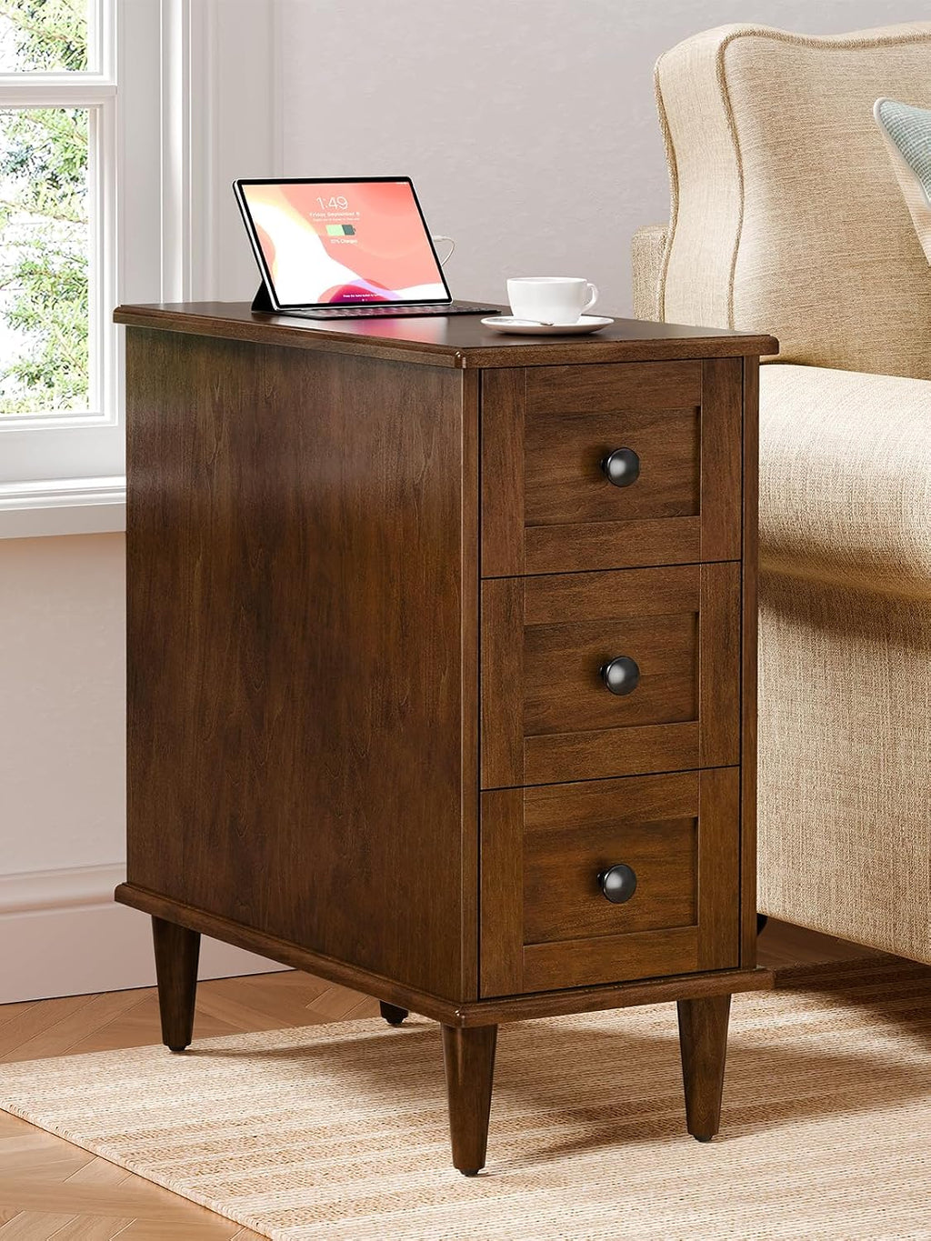 3-Drawer End Table with Built-in Charging Station, No Assembly Required Narrow Side Table with Outlets and USB Ports, Slim Nightstand for Living Room, Bedroom, Entryway (1, Cherry)