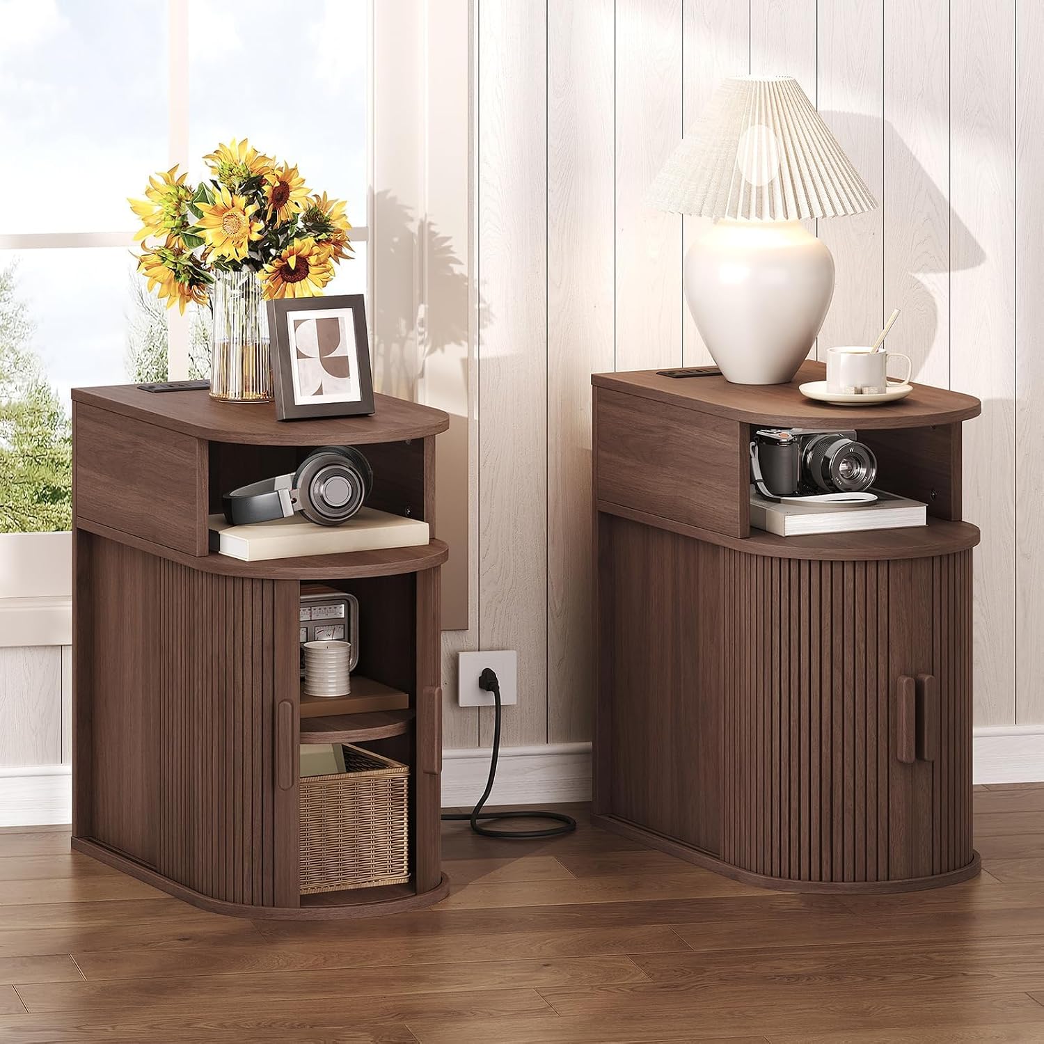 RALGEND Narrow End Table Set of 2,Fluted Sofa Side Table with Charging Station and Storage Shelf, Mid-Century Bedside Table, Modern Nightstand for Living Room,Bedroom,Walnut