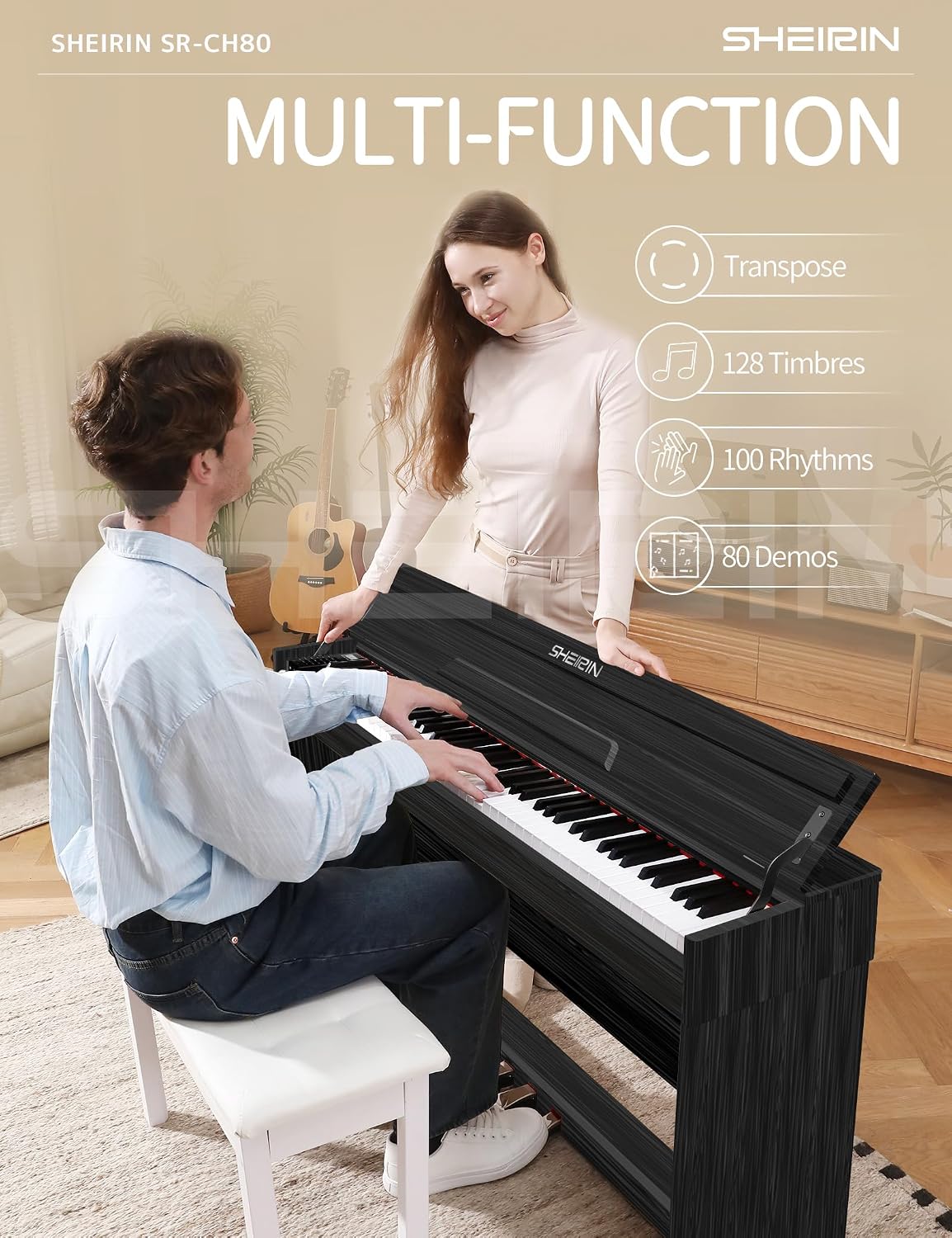 Digital Piano 88 Key Weighted Stand Cover Hammer Action Upright Acoustic Electric Keyboard Pedal Full Size Home Musical Beginners Adults Instrument Self Playing MIDI SR-CH80(black)