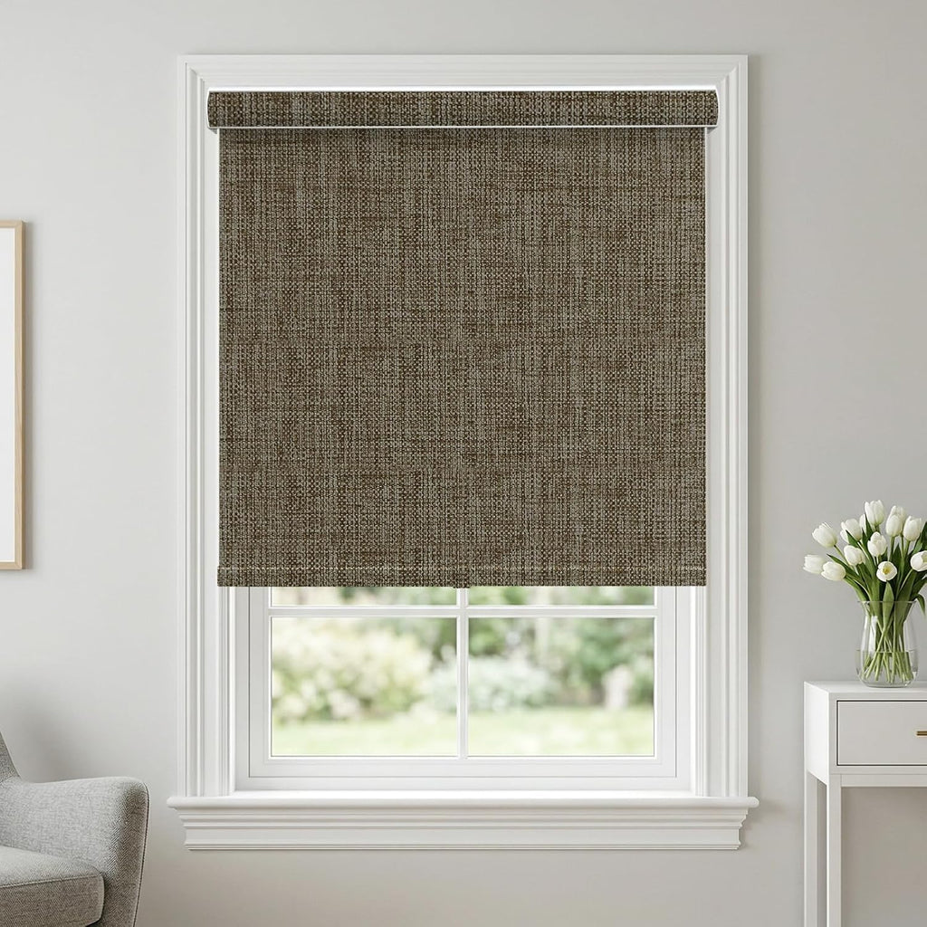 Blackout Roller Shades, Free-Stop Window Blinds with Valance, Room Darkening Thermal Insulated UV Protection Fabric for Home Office,Light Brown 02