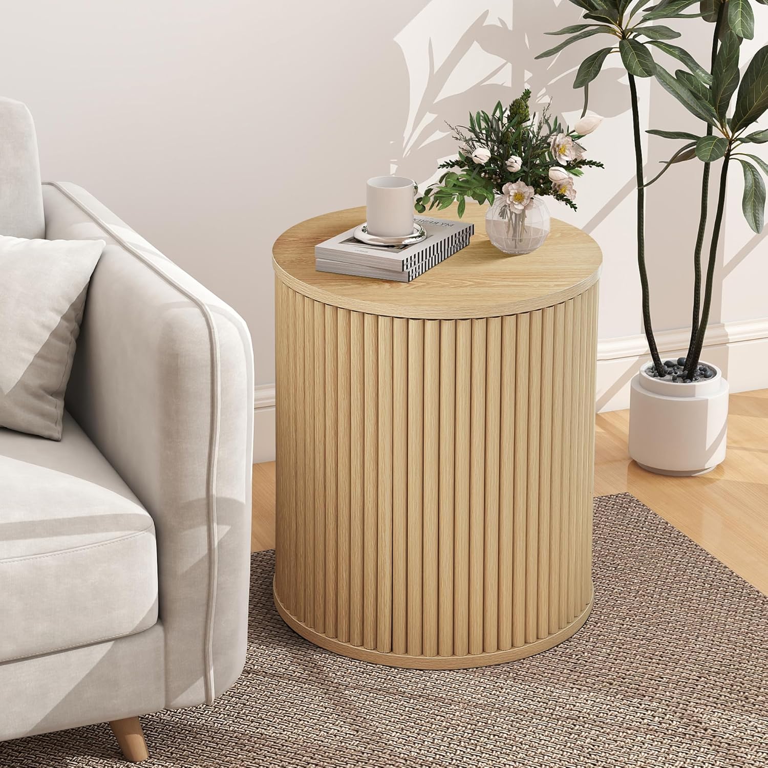 Round Fluted Side Table Set of 2, 15.7' Mid-Century Modern End Table with Storage, Wooden Bedside Table Round Nightstand Small Circle Sofa Accent Table for Living Room, Bedroom (Natural)