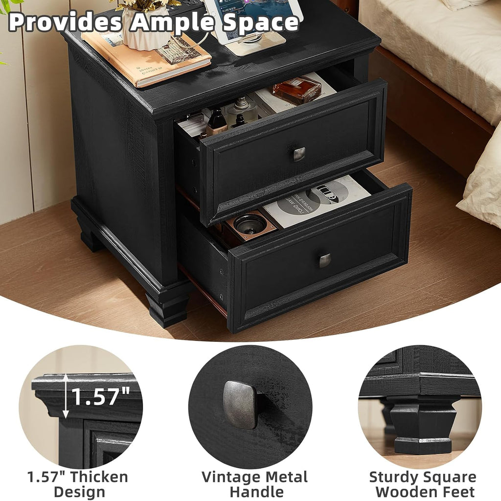 SAVOR LIFE Farmhouse Nightstand Set of 2, Rustic Low Nightstands with 2 Drawers & Charging Station, Vintage Night Stands with 4 Square Solid Wood Legs, Small Dresser for Bedroom, Home, Black