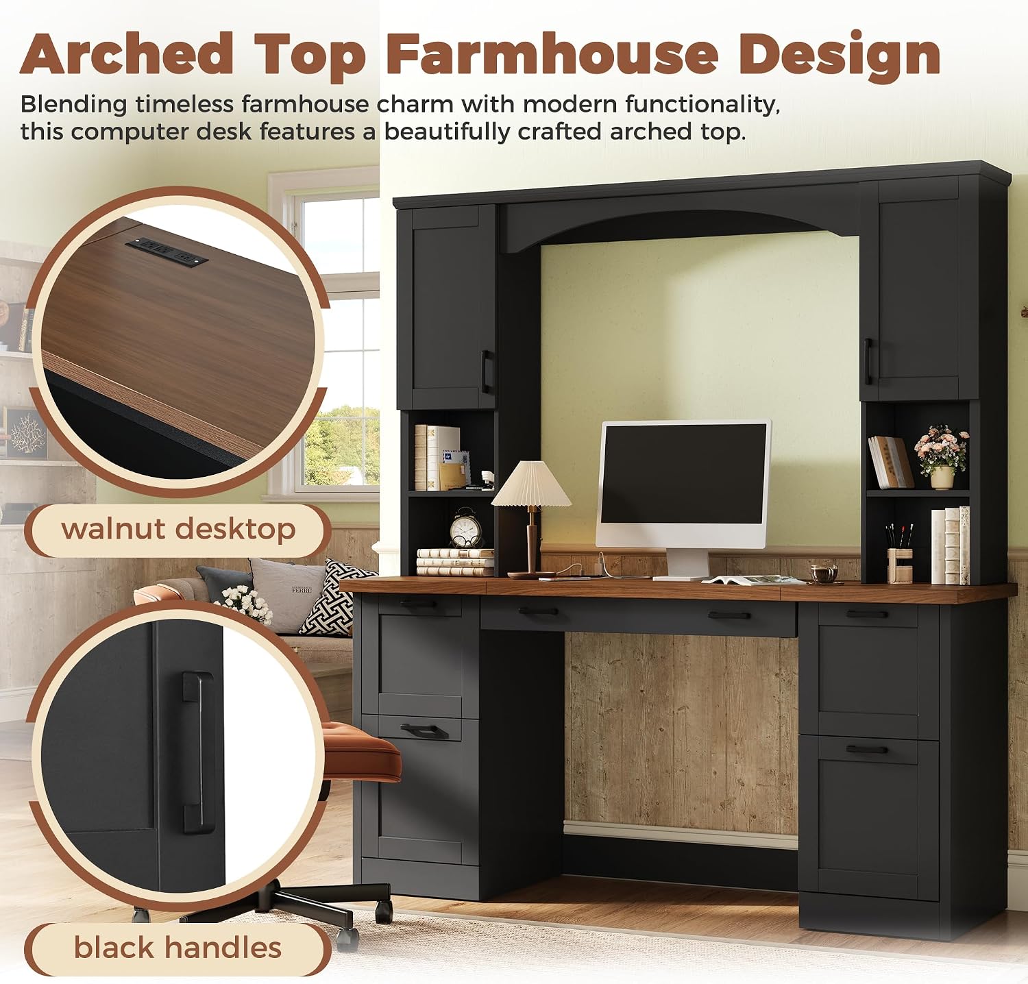 Farmhouse Arched Computer Desk with Hutch,Walnut Home Office Workstation with Charging Station & Keyboard Tray,All-in-One Writing Desk for Study, Office (Black-FA)