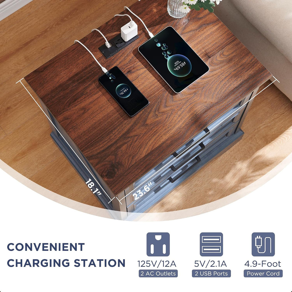 ACCOHOHO Farmhouse Nightstands Set of 2, 22 Inch Wide End Table with Charging Station & 3 Large Drawers, Rustic Wood Small Dresser Chest of Drawers for Bedroom, Living Room, Blue