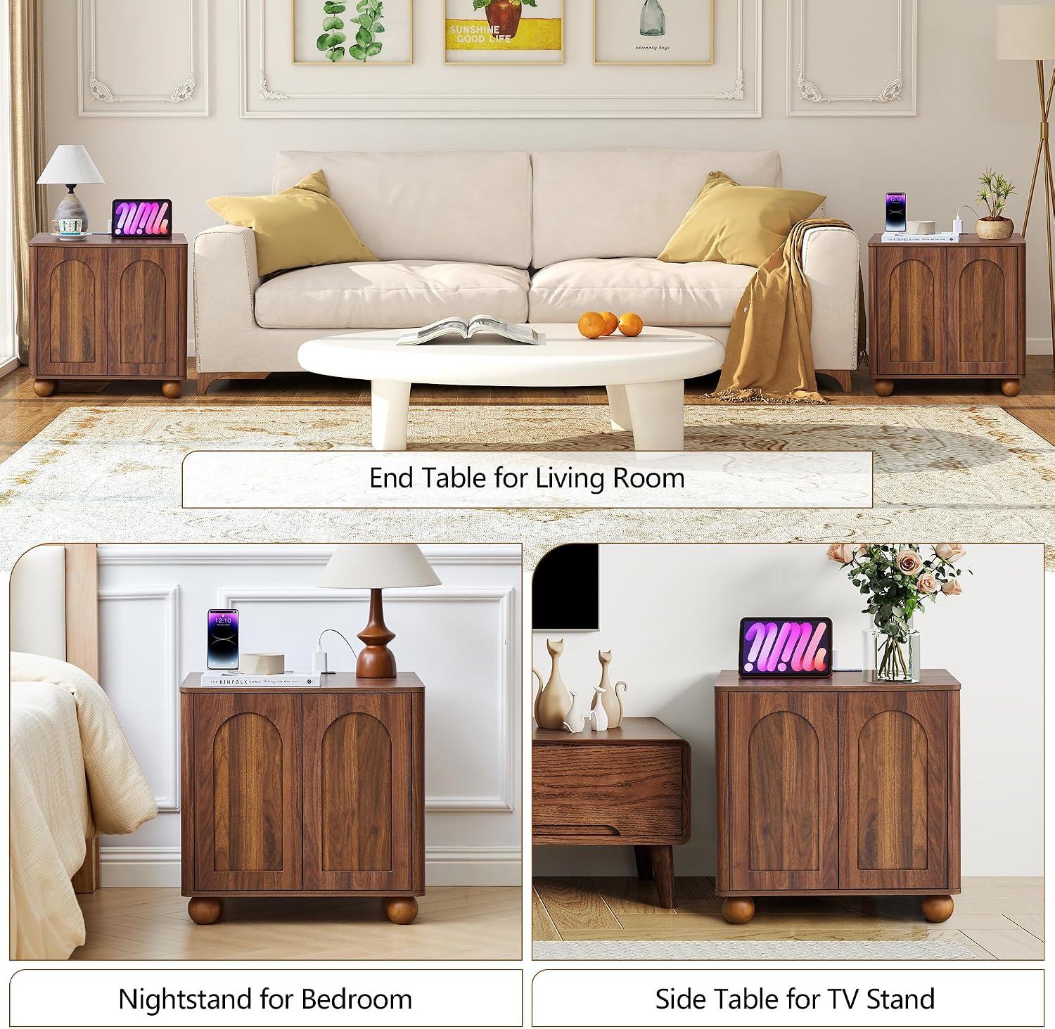 Bed Side Table Set of 2 with Charging Station, Mid Century Modern Nightstand with 2 Doors, Square End Table with Storage for Couch, Living Room, Sofa Side Table for Office, Dorm - Walnut