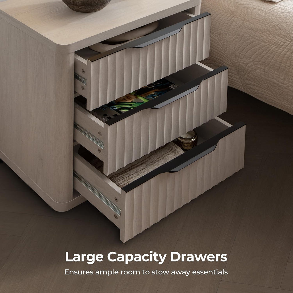 SICOTAS Night Stand Nightstand with 3 Drawers Storage Bedside Table Large Fluted Bed Side End Table Modern 25.6' Tall Wide Night Stands for Bedroom Living Room Sofa Couch Home Office, White Alder