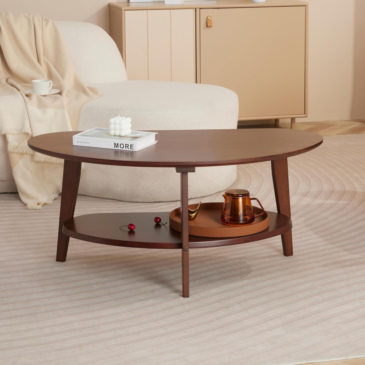 NAVREX Mid Century Modern Coffee Table with Storage, 2 Tier Oval Round Coffee Tables for Living Room Home Office, FSC Certifiled 100% Solid Wood Center Table, Value Lies in Material (Walnut Finish)