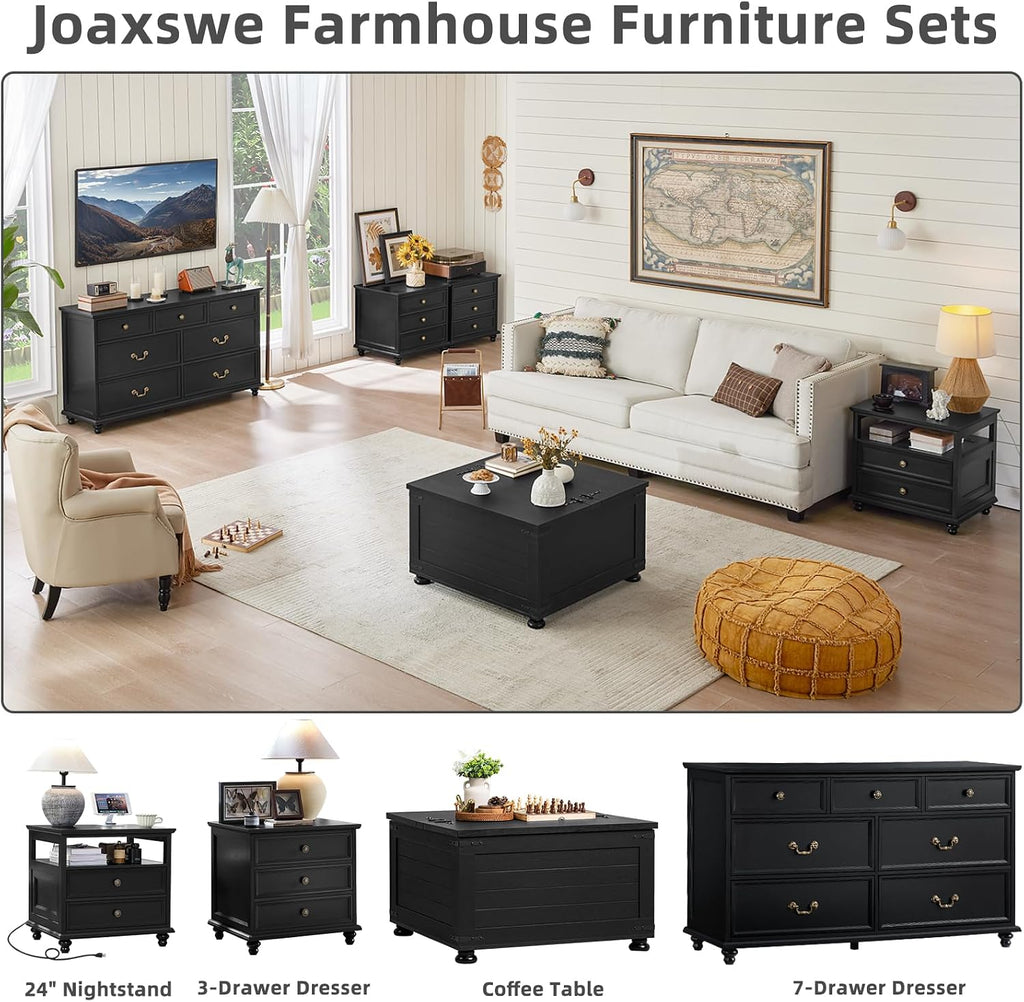 Joaxswe Farmhouse 54' 7 Drawers Dresser for Bedroom, Wide Chest of Drawers w/ 4 Wooden Legs, Vintage Large Closet Storage Dressers Organizer for Hallway, Wood Rustic TV Stand for Living Room, Black