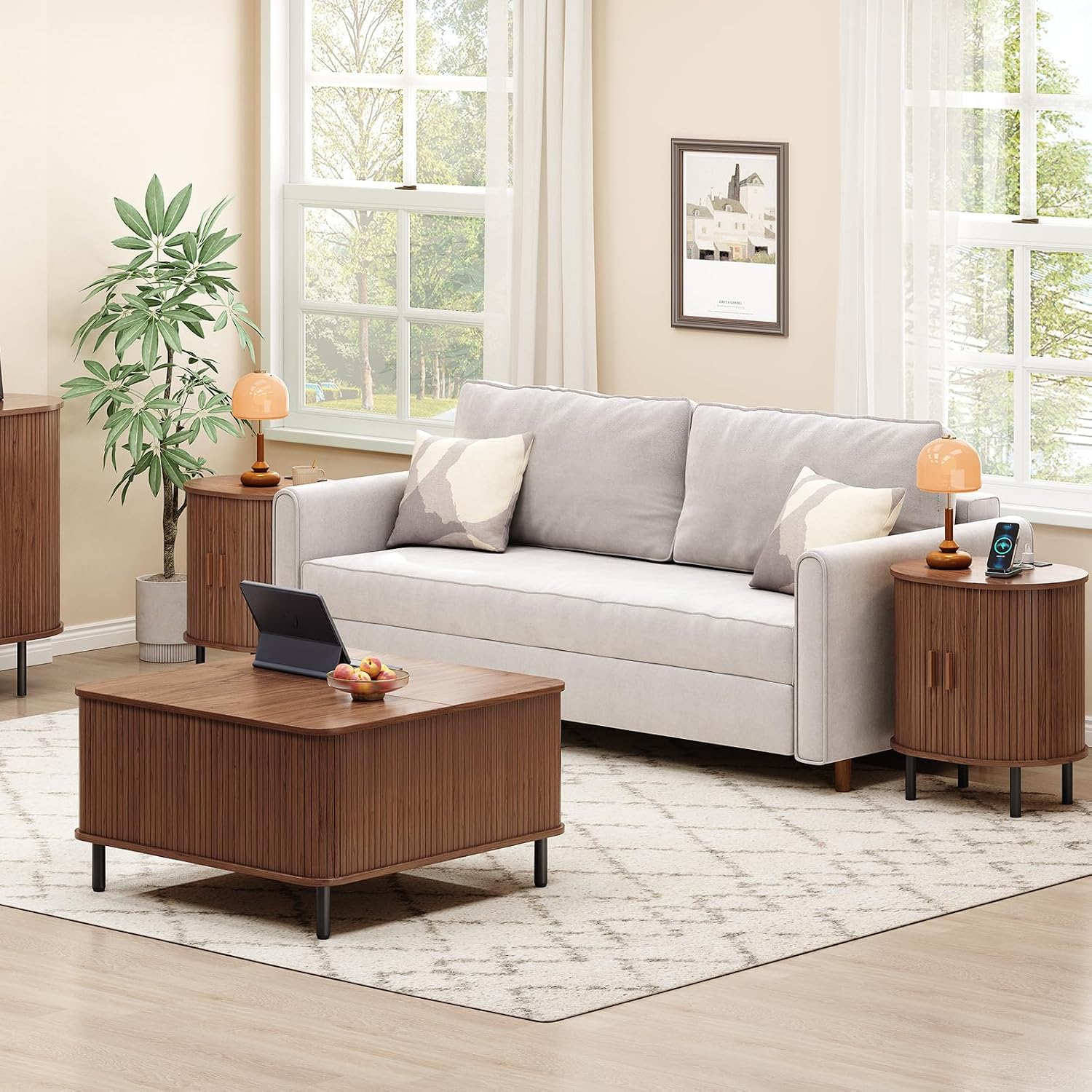 ONBRILL Oval End Table with Storage & Charging Station, Fluted Accent Side Table with Sliding Door & Adjustable Shelf, Mid-Century Modern Nightstand Set of 2 for Living Room, Bedroom, Walnut(2-Pack)