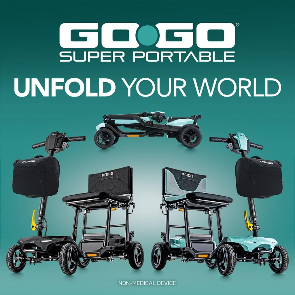 Pride Mobility Go-Go Super Portable 4-Wheel Folding Travel Mobility Scooter – 300 lbs Capacity, 4.5 mph, Airline-Approved Lithium Battery – for Seniors, Adults – Lightweight & Compact (True Blue)