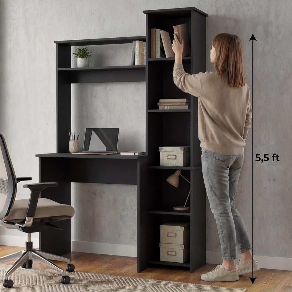Tuhome Versalles Writing Desk with Two Superior Shelves, Five Side Open Storage Compartments, Space-Saving Modern Workstation Design for Studios and Offices, Ideal for Organization, Books