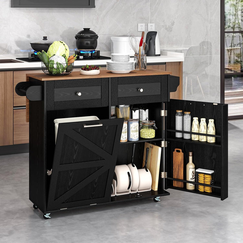 Rolling Kitchen Island with Trash Can Storage Cabinet, Drop Leaf Breakfast Bar Table, Towel Holder, 2 Drawers & Door Racks, 4 Rubber Wheels, Wood Island Table for Kitchen (Black)
