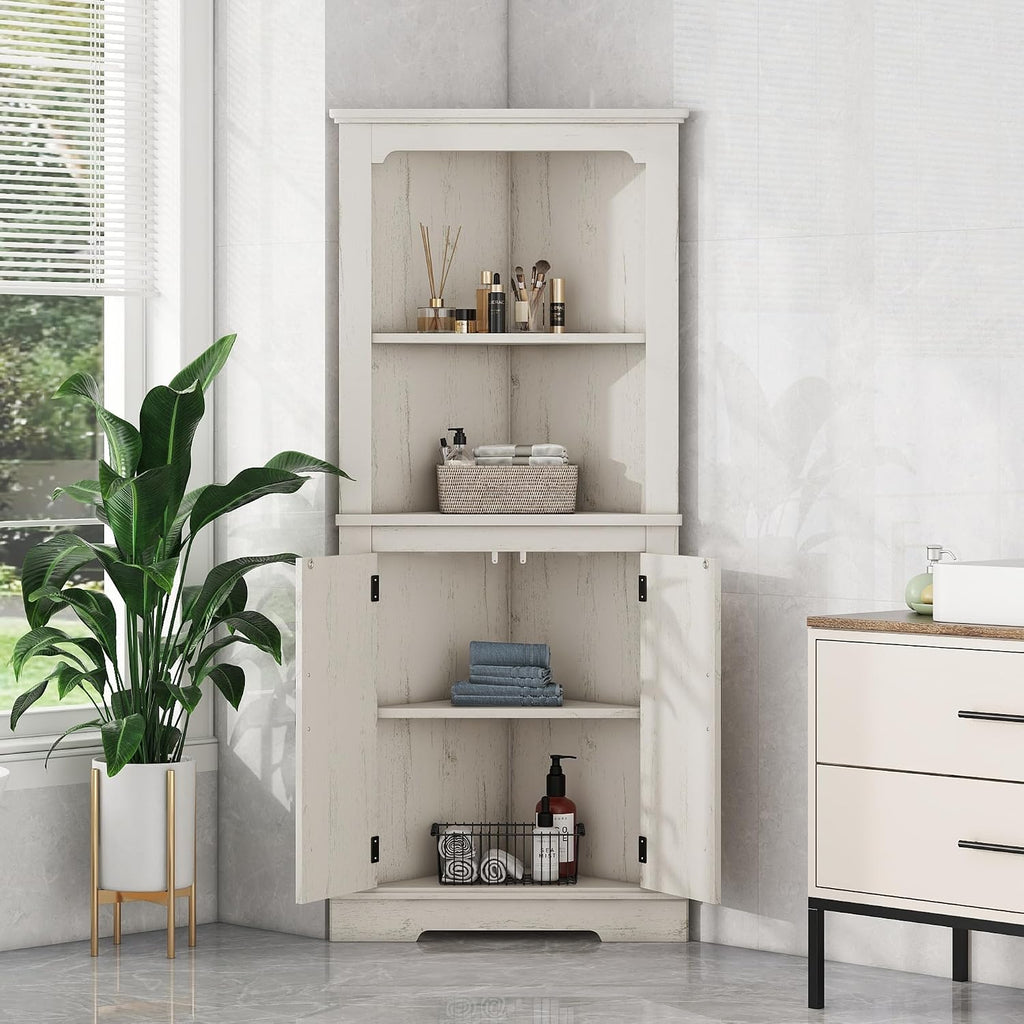 DOFFO Tall Bathroom Corner Cabinet, 69.3'H Freestanding Corner Storage Cabinet with 2 Doors and Open Shelves, Bathroom Floor Storage Display Organizer for Living Room, Dining Room and Kitchen (Beige)