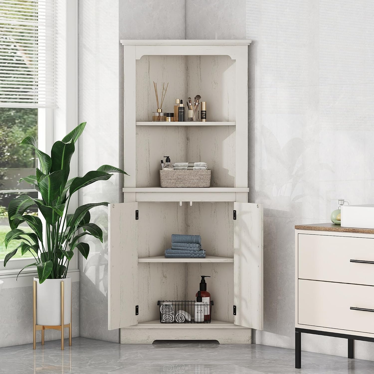 DOFFO Tall Bathroom Corner Cabinet, 69.3'H Freestanding Corner Storage Cabinet with 2 Doors and Open Shelves, Bathroom Floor Storage Display Organizer for Living Room, Dining Room and Kitchen (Beige)