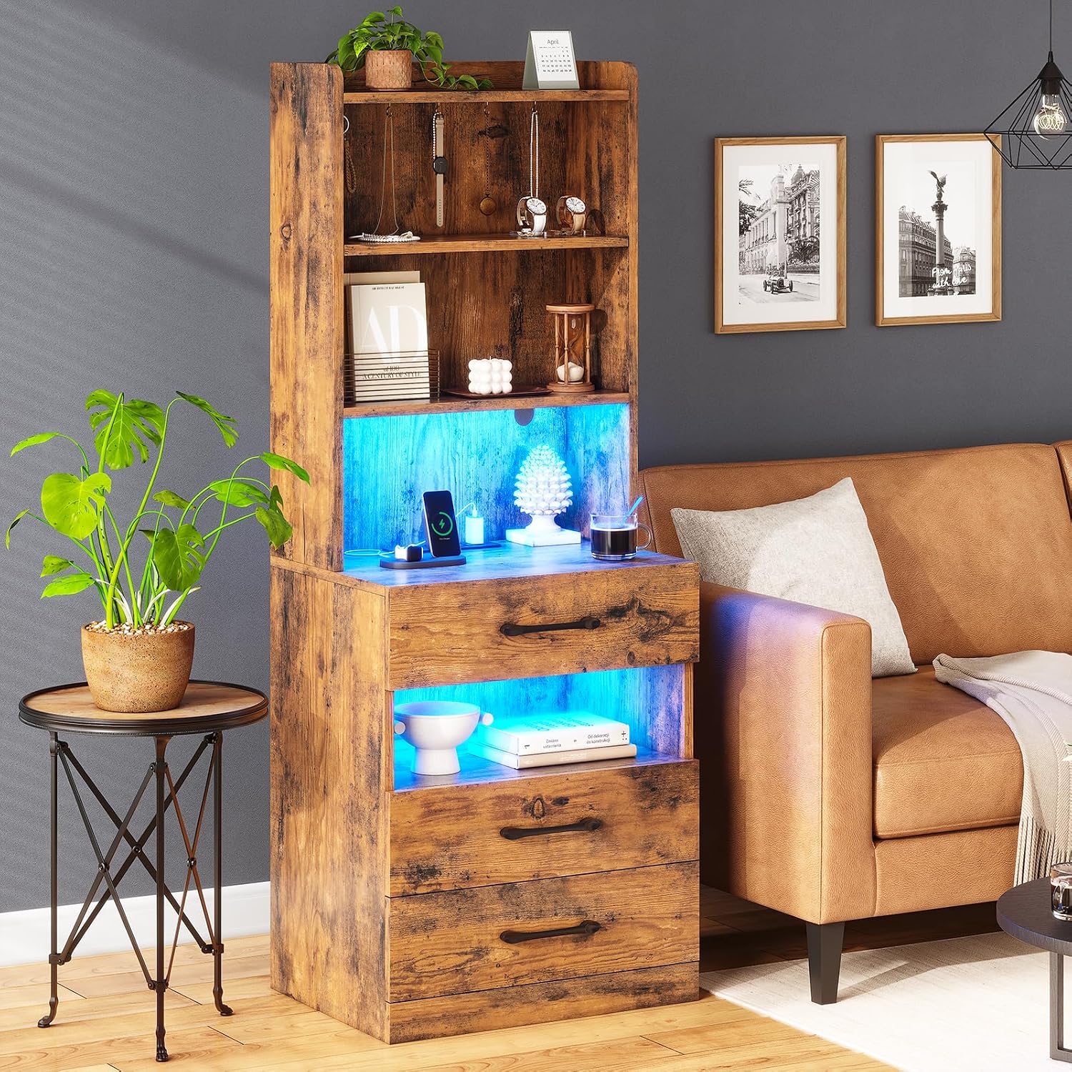 AOGLLATI Tall Night Stand Set of 2, Nightstand with Charging Station and LED Lights, Rustic Brown Bedside Table with Bookshelf, 3 Drawers and Open Shelves, Modern End Side Table for Bedroom