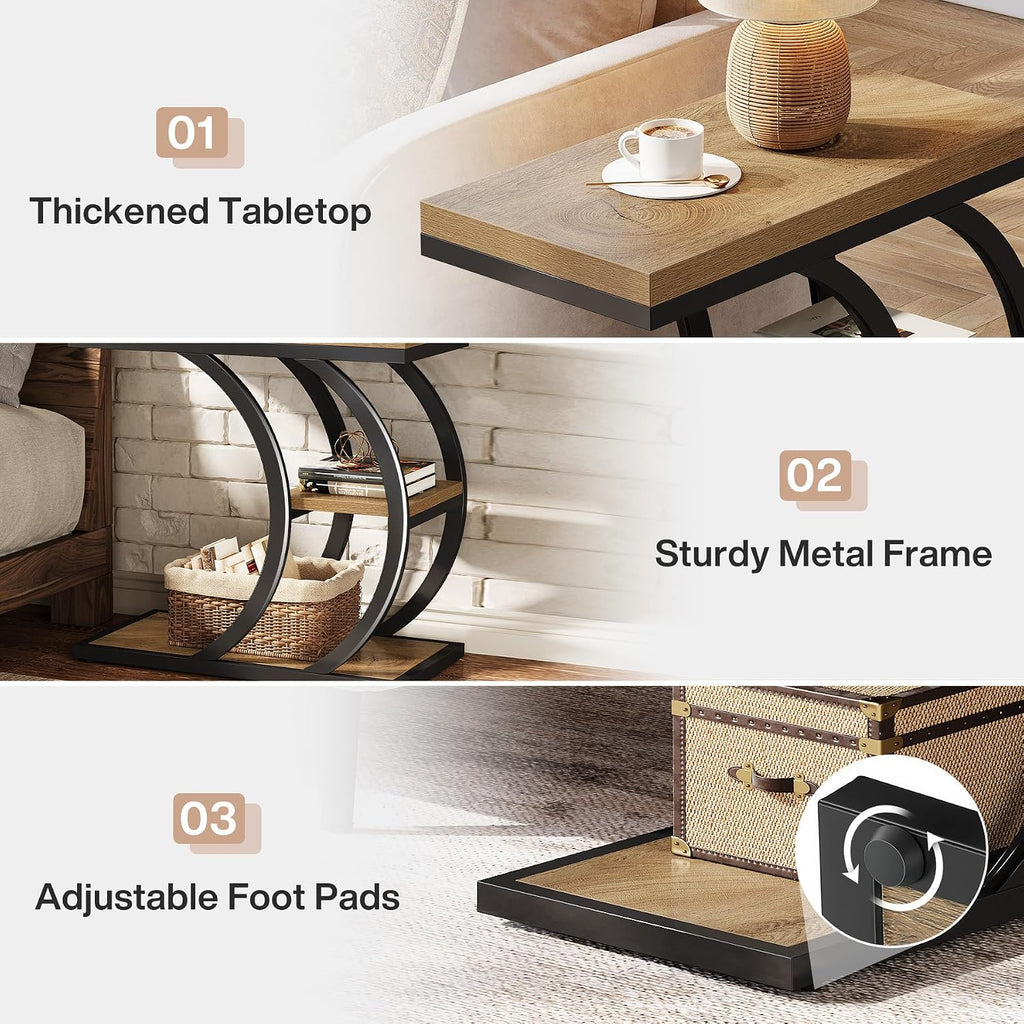 Tribesigns End Table Set of 2, 3-Tier Narrow Wood Couch C-Shaped Side Table with Storage, Industrial Nightstand for Bedroom, Small Spaces, Natural