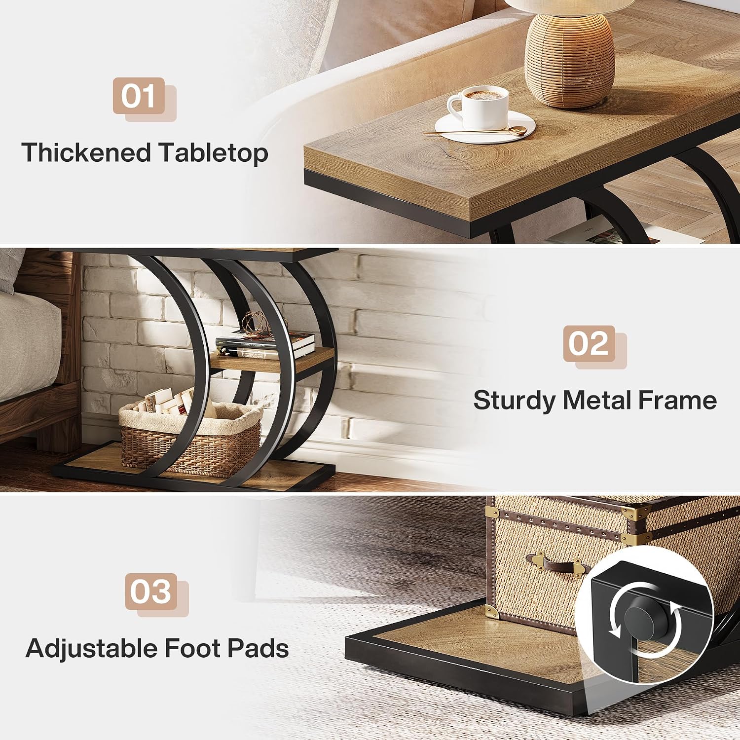 Tribesigns End Table Set of 2, 3-Tier Narrow Wood Couch C-Shaped Side Table with Storage, Industrial Nightstand for Bedroom, Small Spaces, Natural