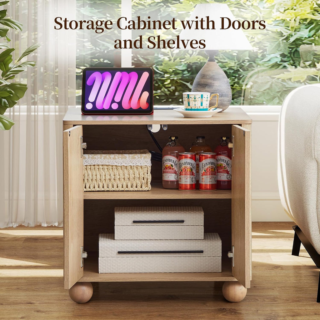 Bed Side Table Set of 2 with Charging Station, Mid Century Modern Nightstand with 2 Doors, Square End Table with Storage for Couch,Living Room, Sofa Side Table for Office,Dorm - Natural