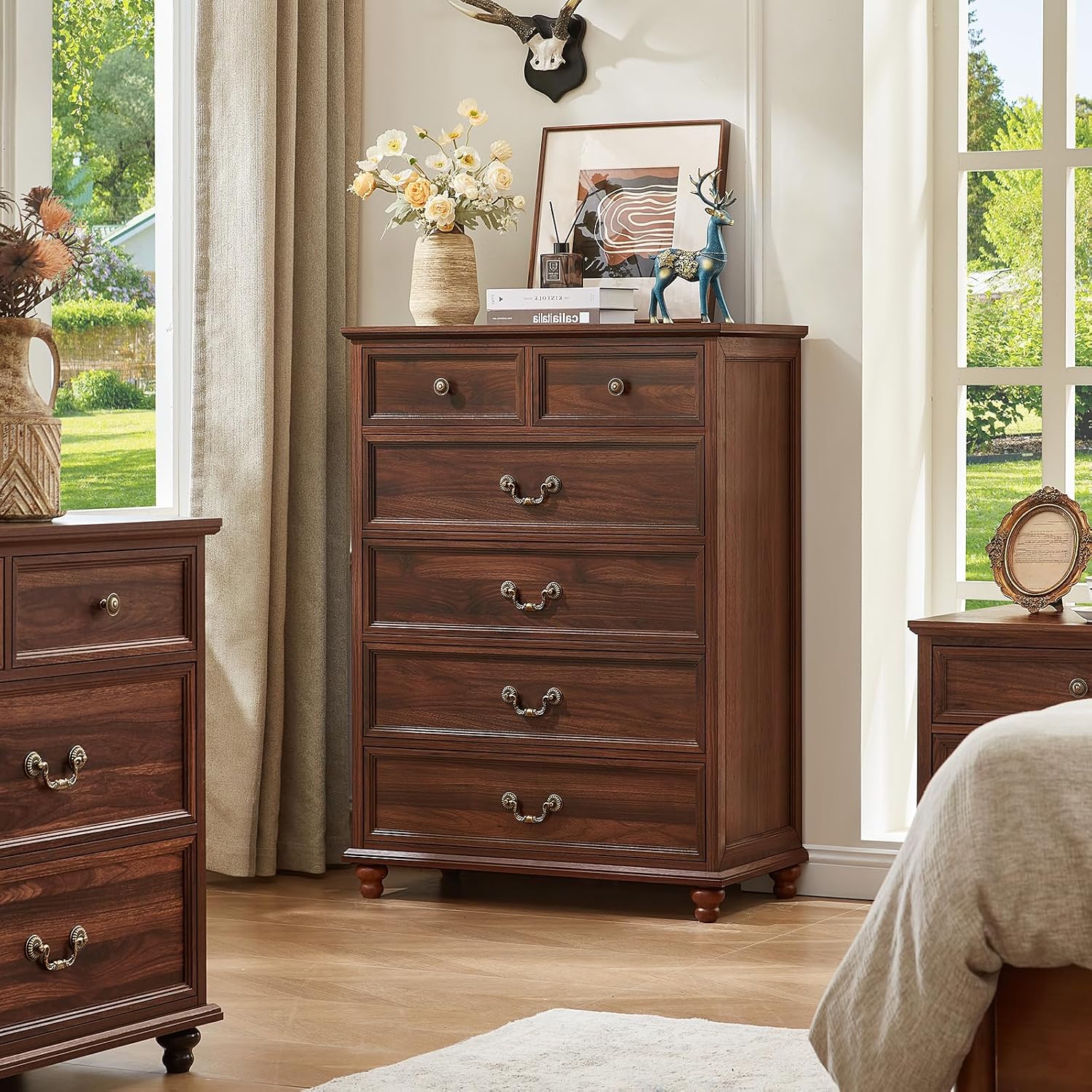 Joaxswe Farmhouse 6 Drawer Dresser Set of 2 for Bedroom, 42' Tall Rustic Chests of Drawers w/ 4 Solid Wood Feet, Mid Century Vintage Wooden Closet Storage Dressers Organizer for Living Room,Brown