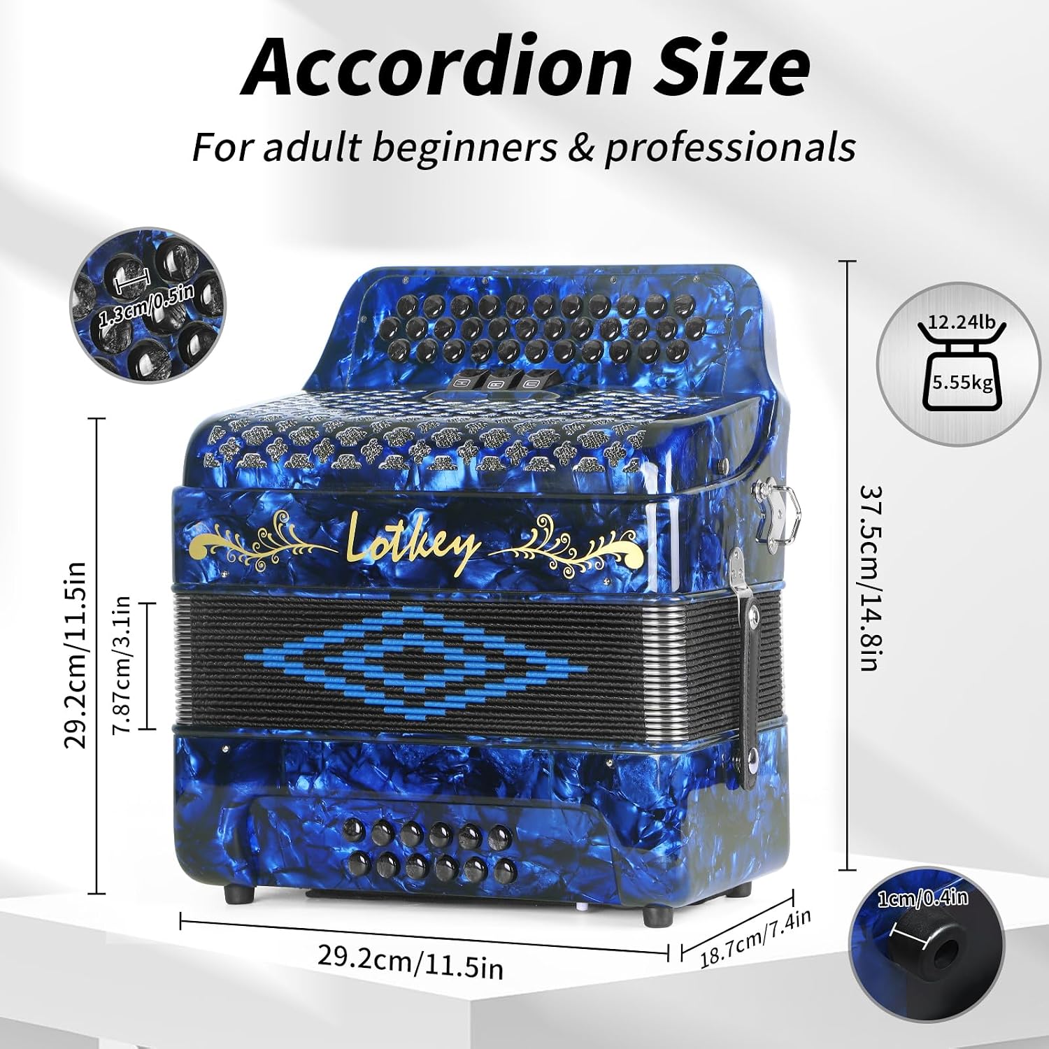 Lotkey 34 Key Diatonic Accordion, 3412 Multi Tone Celluloid Accordions Louder Clearer Timbre than Plastic for Adult, Beginner, Professional with Updated Bag, Straps, Acordeón Wrist Guard (FBE Blue)