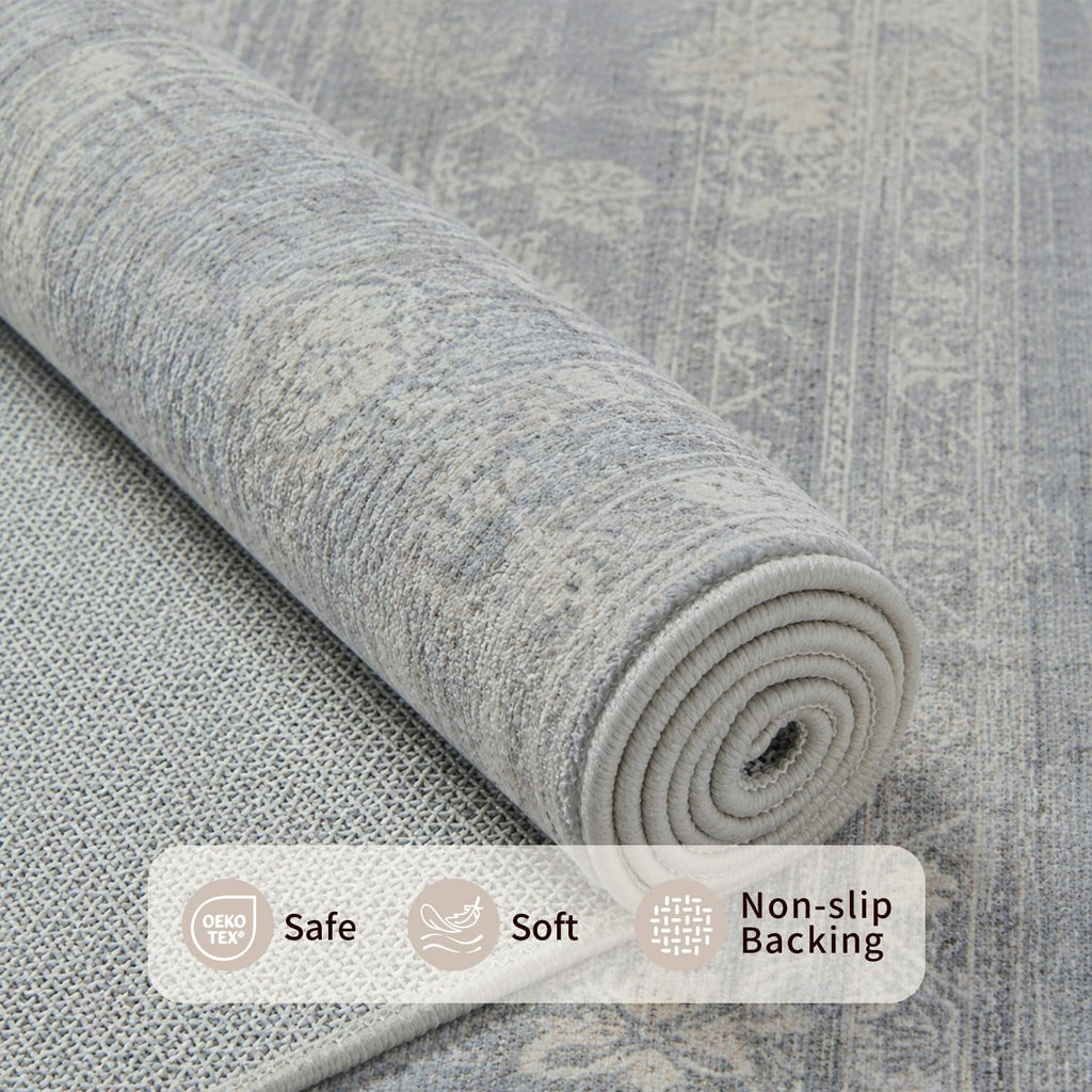 Rugxara 9x12 Area Rugs for Living Room Bedroom, Large Washable Rug, Blue Vintage Retro Boho Rug, Non Slip & Low Pile Faux Wool Thin Carpet for Indoor Dining Room and Kids Room(Blue/Beige 9x12ft)