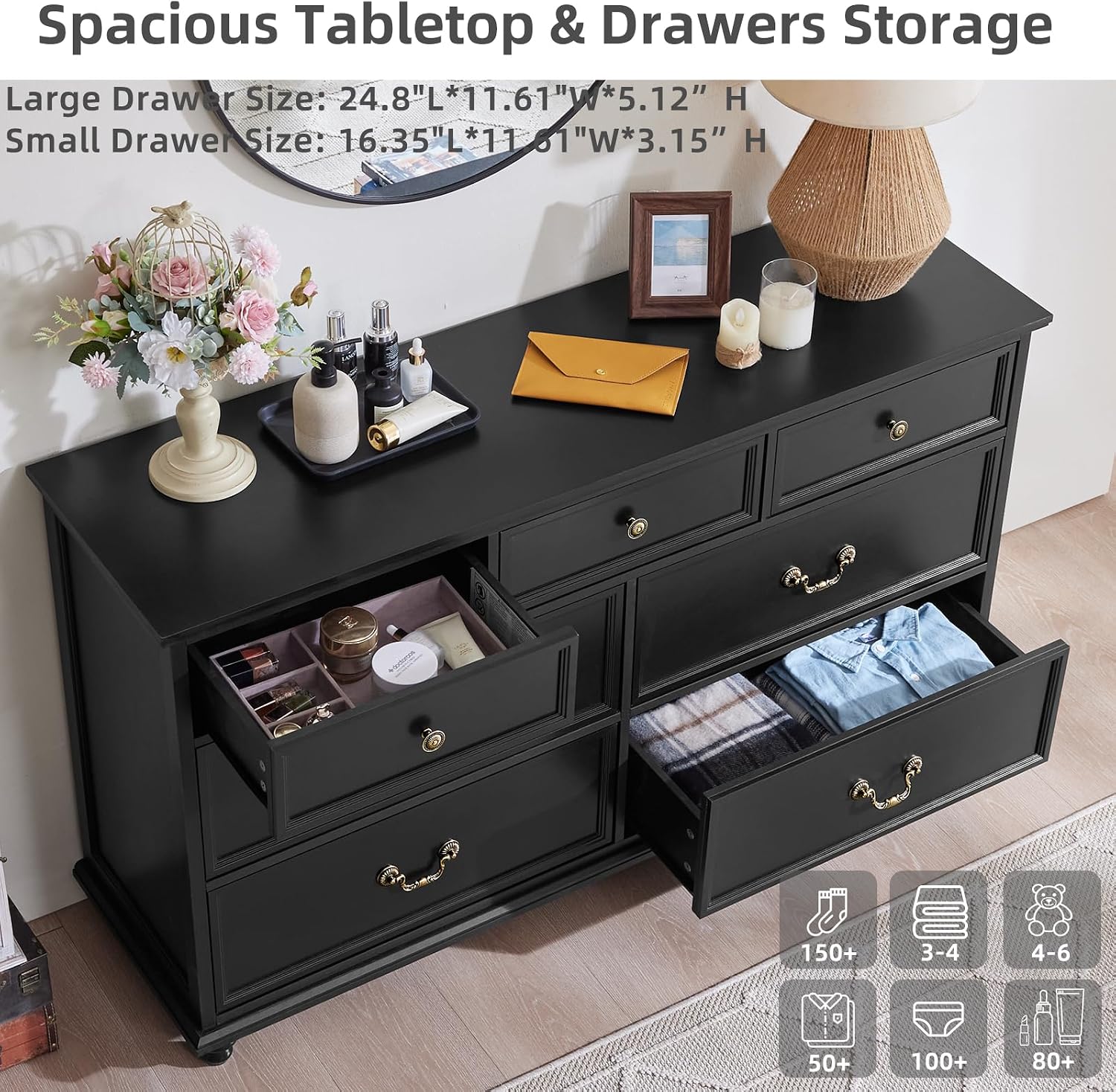 Joaxswe Farmhouse 54' 7 Drawers Dresser for Bedroom, Wide Chest of Drawers w/ 4 Wooden Legs, Vintage Large Closet Storage Dressers Organizer for Hallway, Wood Rustic TV Stand for Living Room, Black