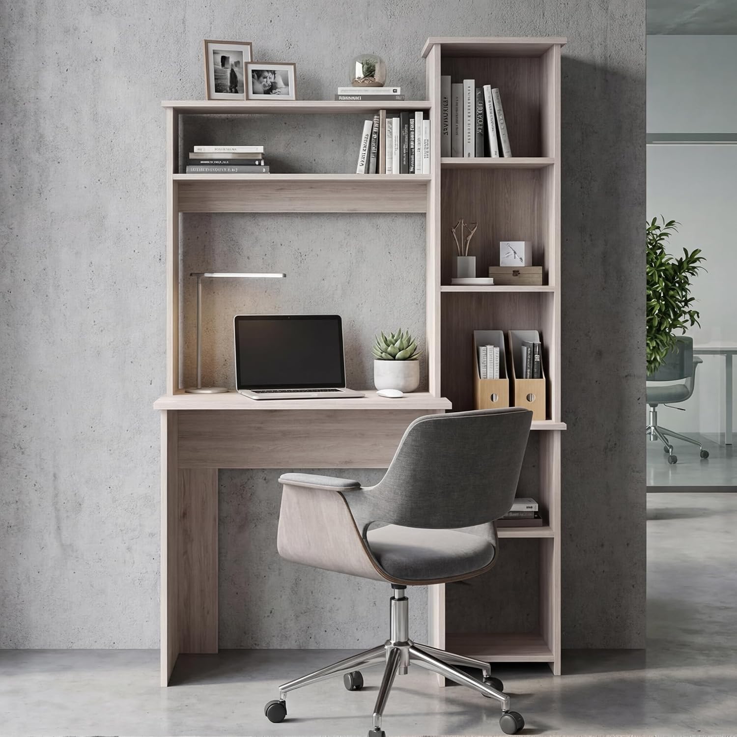 Tuhome Versalles Writing Desk with Two Superior Shelves, Five Side Open Storage Compartments, Space-Saving Modern Workstation Design for Studios and Offices, Ideal for Organization