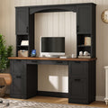 Farmhouse Arched Computer Desk with Hutch,Walnut Home Office Workstation with Charging Station & Keyboard Tray,All-in-One Writing Desk for Study, Office (Black-FA)