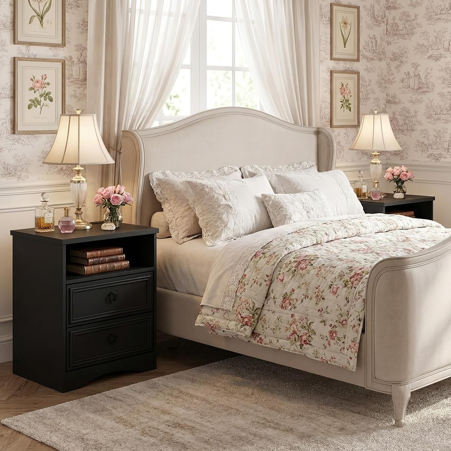 HolliWill Set of 2 Large Night Stand with Drawers, 17.7' W Nightstand with 2 Drawers, Accent Bed Side Table and End Table with Large Open Storage for Bedroom, Living Room,Black