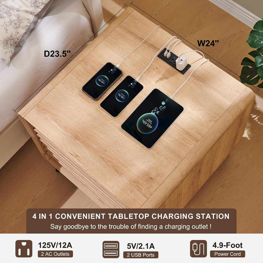 RedLemon 24' Nightstand with Charger Station, Mid Century Modern Fluted End Table with 2 Drawers, Wooden Side Table with Open Cubby Storage for Living Room, Bedroom, Office (Natural Oak)
