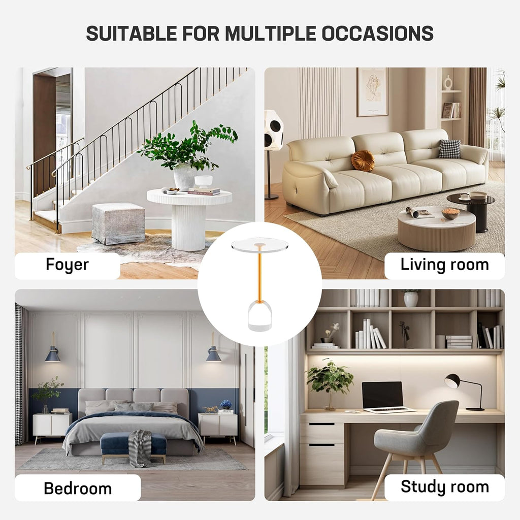 Acrylic End Table, Round Modern Side Table, Clear Table with Metal Support Base for Office Living Room, Bedroom, Easy Assembly, 14' D * 14' W * 22' H