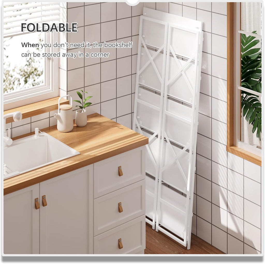 4NM 5 Tiers No Assembly Book Shelves, 51.2' H Folding Bookshelf Bookcase Open Industrial Foldable Shelves for Bedroom, Living Room, Home Office - All White