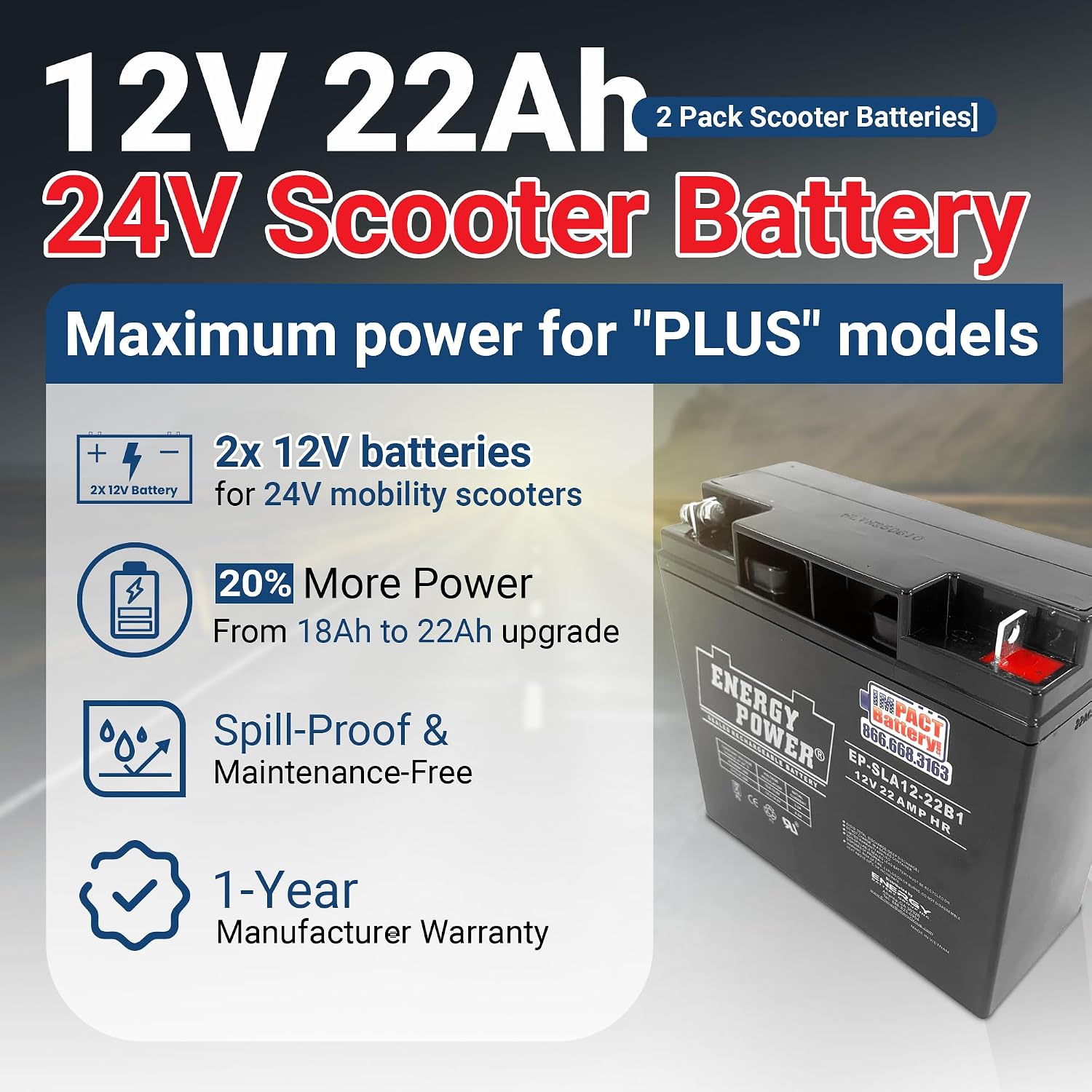 2-Pack 12V 22Ah AGM Batteries - 24V Mobility Scooter Battery Replacement (2x12V) for Go Go Elite Traveler Plus, Upgrade from 18Ah, About 20% Longer Runtime, Size 7.13' x 3.01' x 6.57'