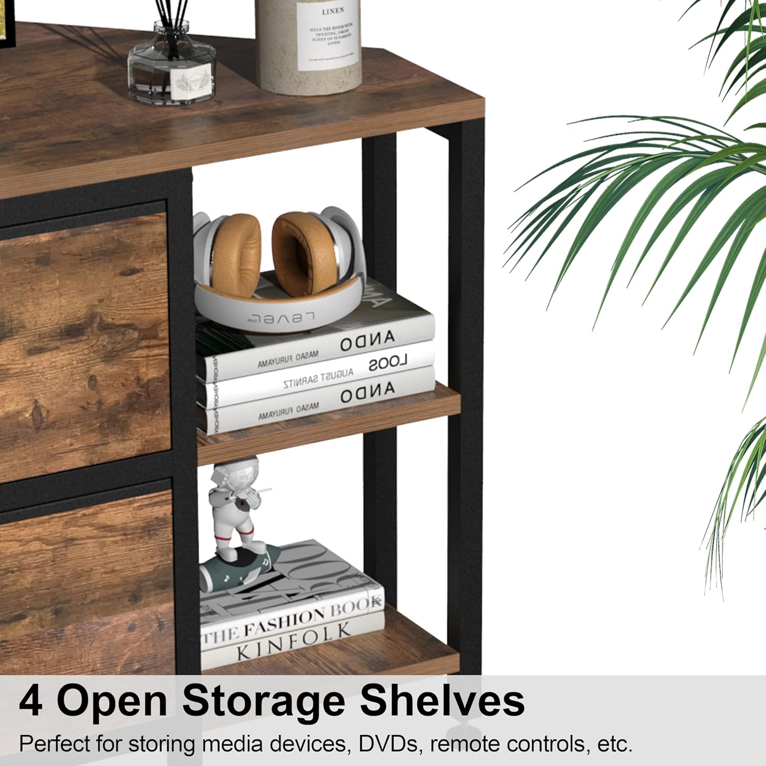 EXOTICA Corner TV Stands for Living Room with 4 Drawers and Power Outlet Industrial Corner Entertainment Centers for TVs up to 55 Inches Farmhouse Corner Console Table with 4 Open Storage for Bedroom