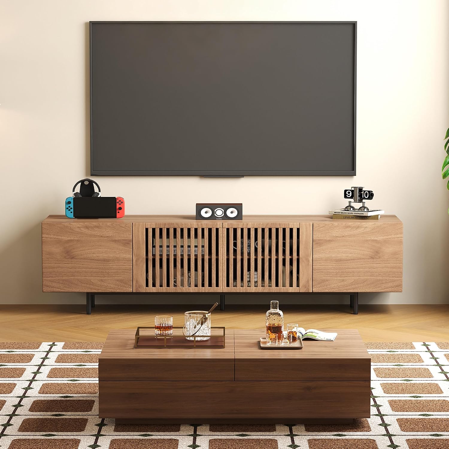 Mid-Century Modern Expandable Coffee Table & TV Stand Set, Walnut Finish – Elegant Storage Combo for Living Room, Bedroom, or Lounge (70.87' TV Stand+Coffee Table)