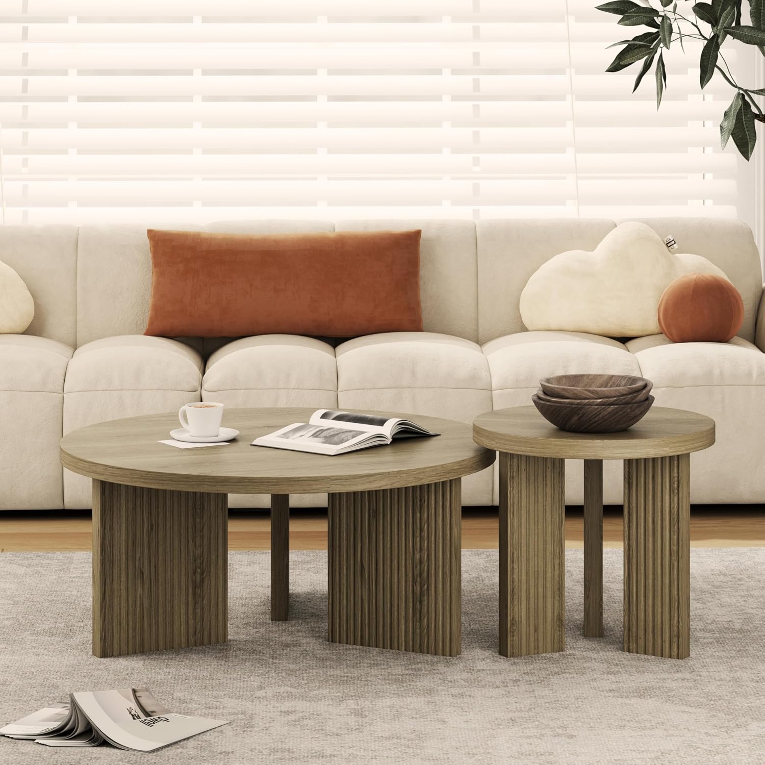 Nesting Coffee Table Set of 2, Modern Wooden Coffee Table with Smooth Thick Design, Circle Tea Table and End Table Set, Accent Center Tables for Living Room, Office, Walnut