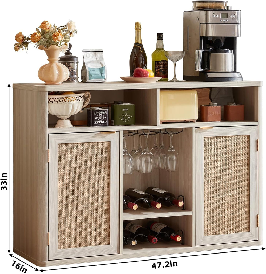 Lerliuo Rattan Wine Cabinet with 2 Doors, Boho Liquor Cabinet with Wine Racks, Farmhouse Coffee Bar Station for Living Room, Dining Room, Kitchen, Grey White