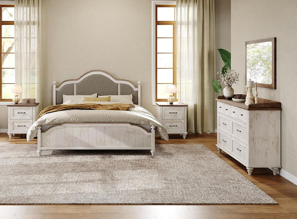WAMPAT Night Stands for Bedrooms Set of 2 End Tables with Charging Station, 2 Drawer Nightstand Wood Bedside Table, Farmhouse Side Table for Living Room & Study, Antique White