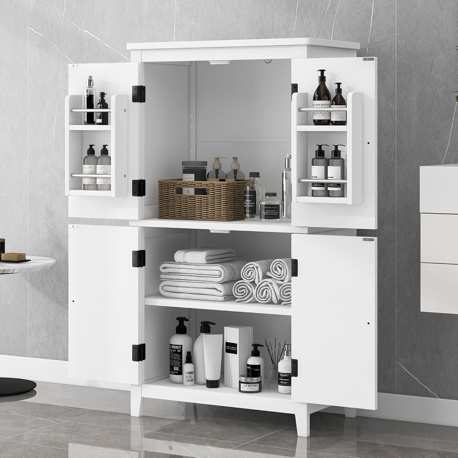 Bathroom Storage Cabinet with Adjustable Shelves, Freestanding | MDF, painted finish, adjustable shelves, 4 doors, anti-tip kit, bathroom, home office, 23.6 W x 11.8 D x 43.3 H in