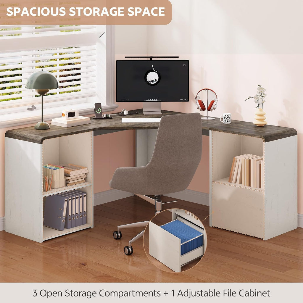 60' L Shaped Desk with File Drawer Modern Corner Computer Desk with Storage L Shape Home Office Desk Executive Desk with Power Outlets Storage Shelves File Cabinet for Working Writing White
